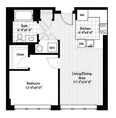 Floor plan for 1 bed, 1 bath, 641 sqft